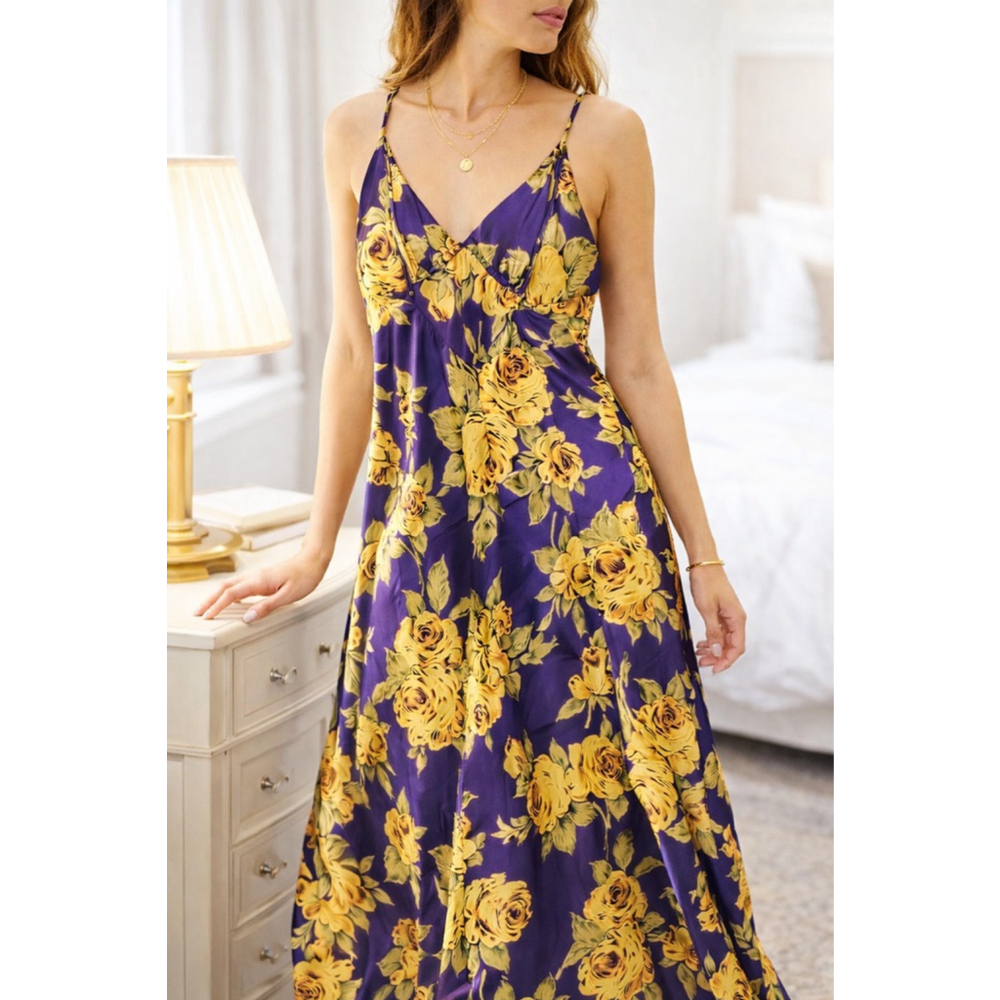 Vintage Linda Purple Floral Satin Nightgown Maxi Yellow Rose Slip Lingerie Sz S